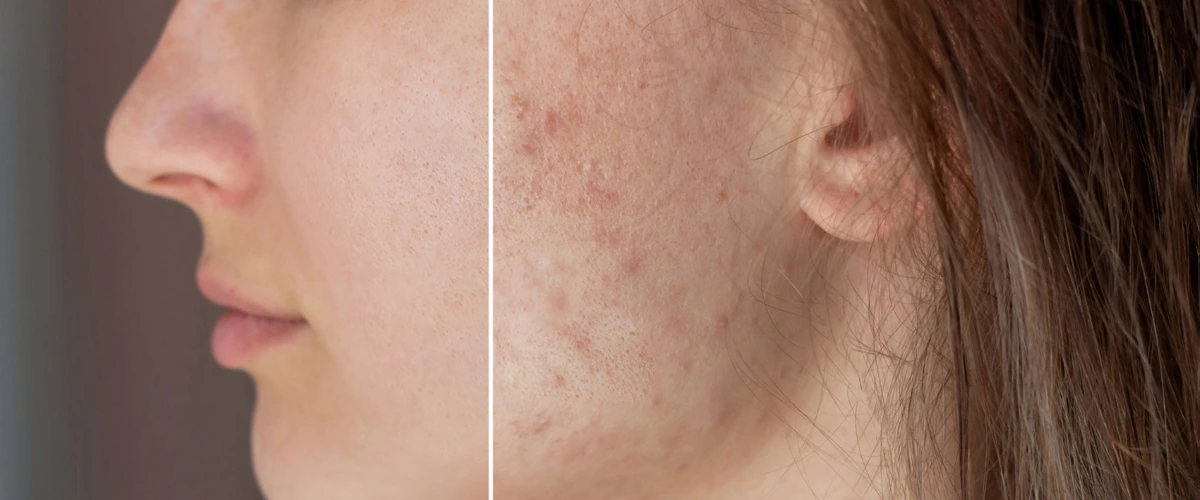 Picture of a lady's face before and after acne treatment.