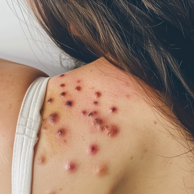 Woman with severe case of cystic acne on her back area.