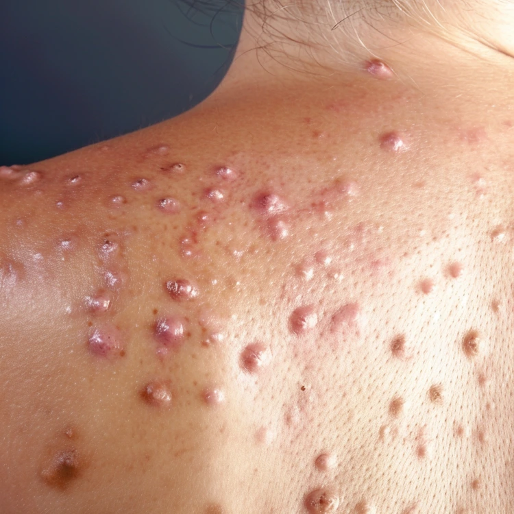 Man with severe case of cystic acne on his back area.