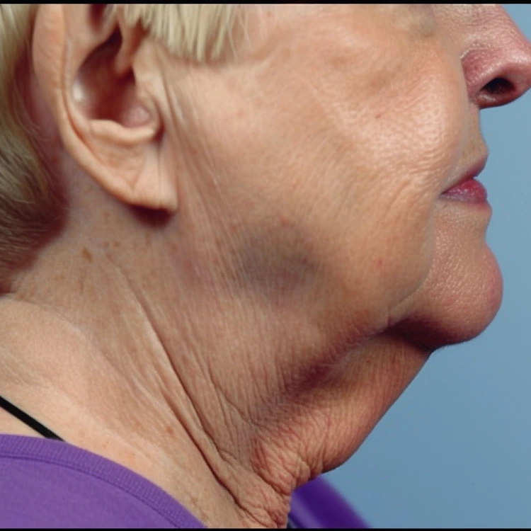 Elderly lady with loose skin on her neck which creates a turkey neck effect.