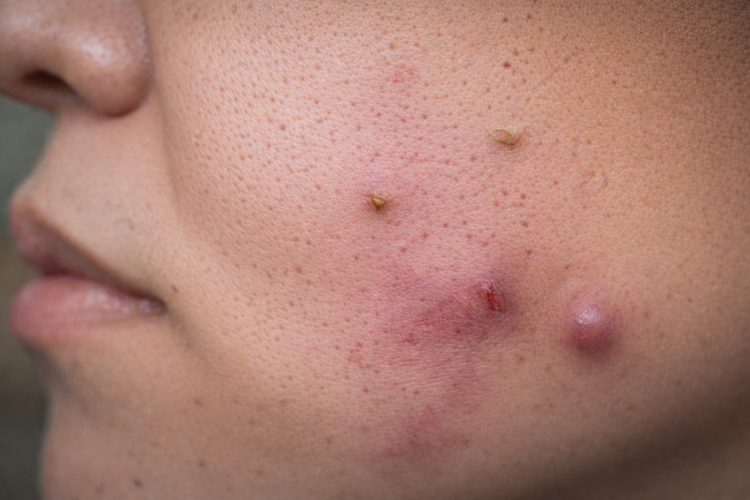 Close-up of inflamed nodular acne lesions on the lower cheek and jawline.